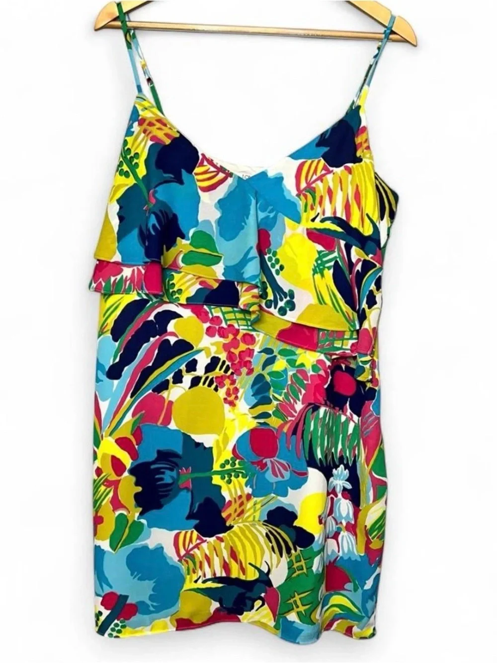 J. Crew Tropical Floral Tiered Ruffle Cami Mini Dress Yellow Blue 12 Beach